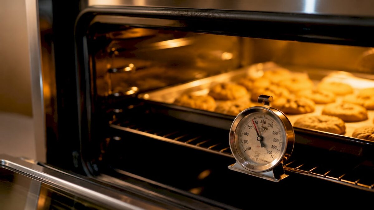 Termometer za pečico, ki prikazuje temperaturo v domači pečici