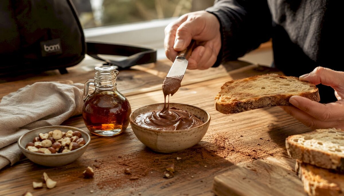 Namažemo čokoladno maslo z orehi na toast od zgoraj navzdol