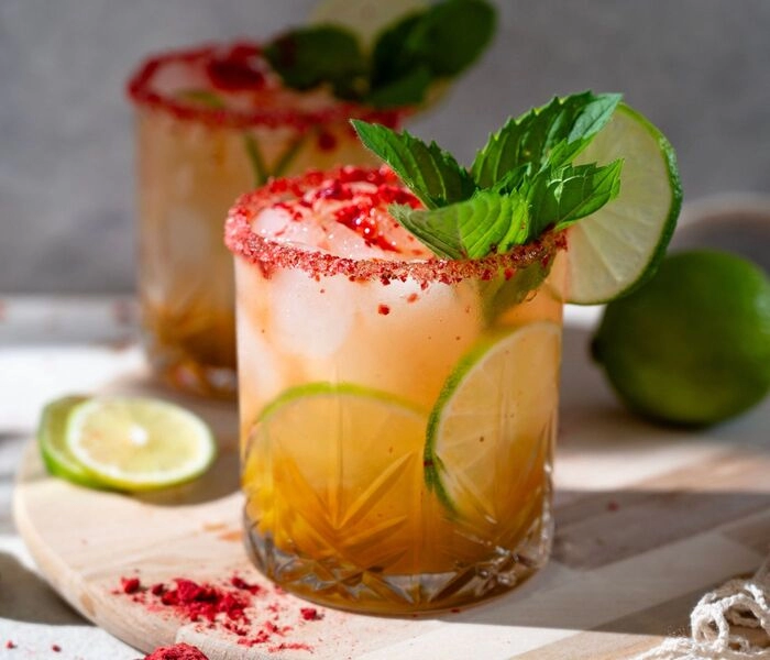 mango mocktail z liofiliziranimi jagodami